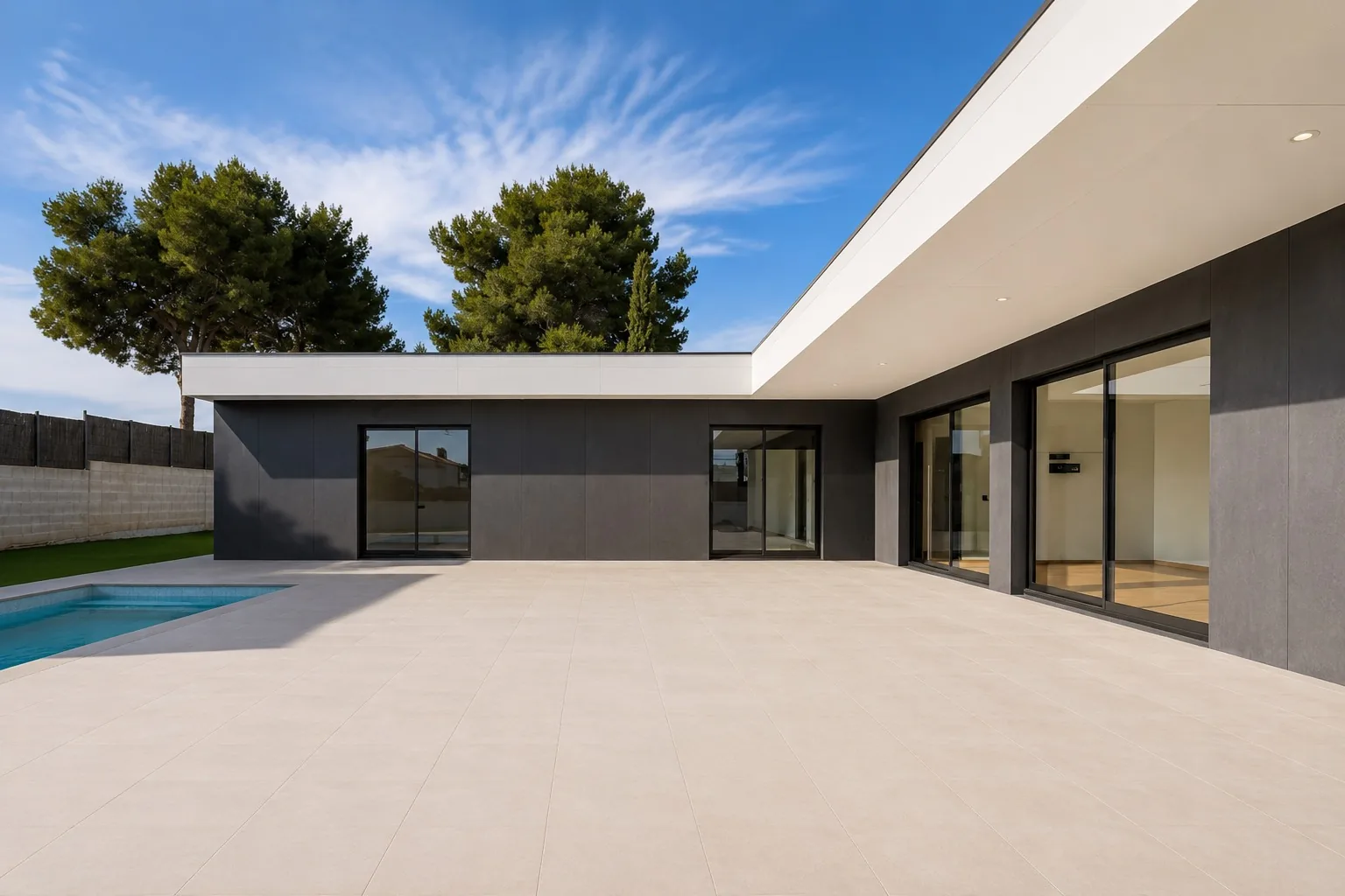 Terraza porticada de la Homi II bajo el alero, con jardín mediterráneo